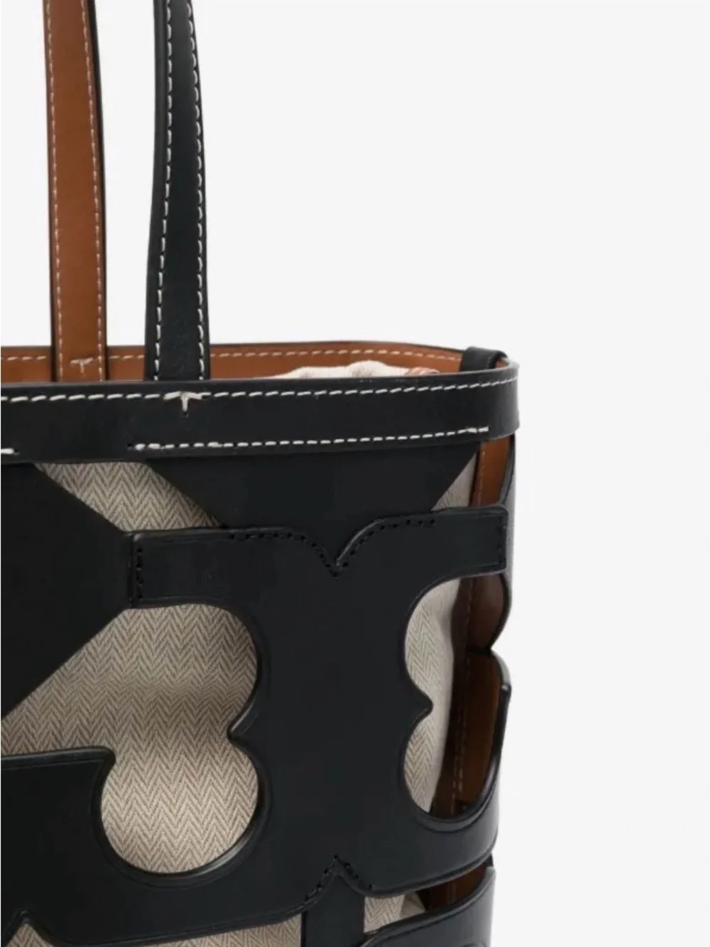 Tory Burch Cutout Logo Leather Tote Bag with Natural Canvas Interior